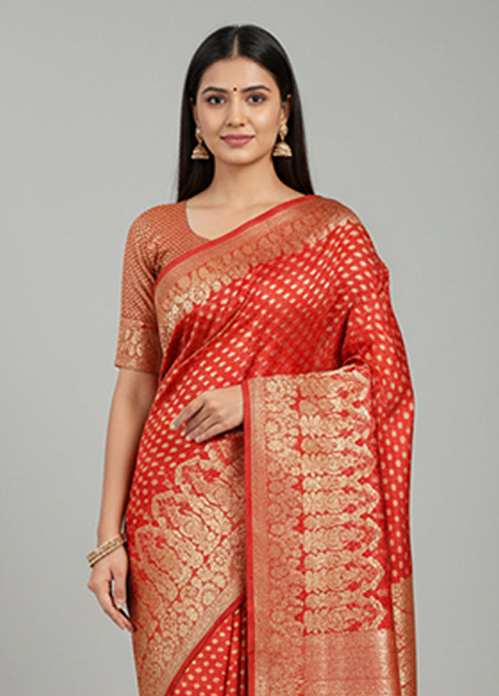 Red Handloom Banarasi Pure Silk Saree With Blouse Piece
