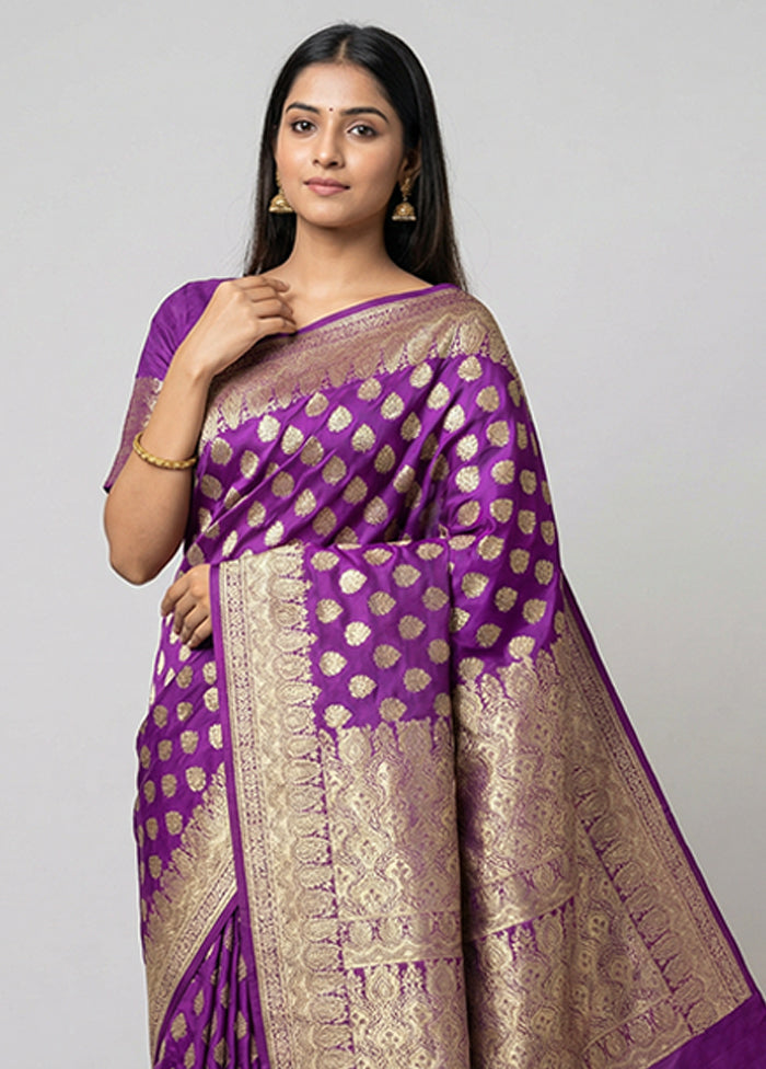 Purple Handloom Banarasi Pure Silk Saree With Blouse Piece