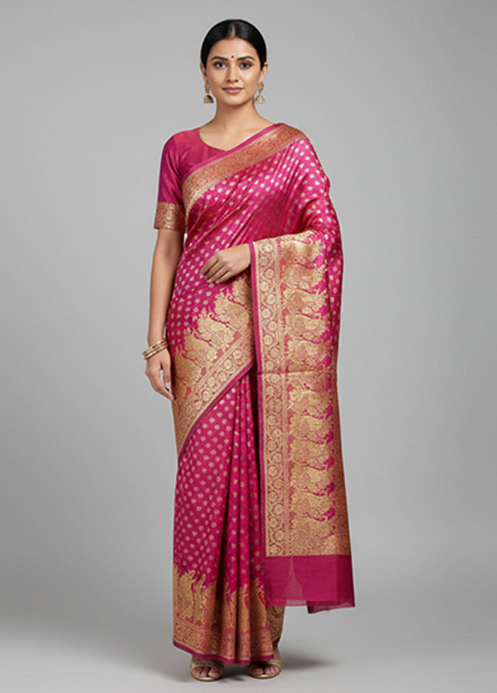 Pink Handloom Banarasi Pure Silk Saree With Blouse Piece