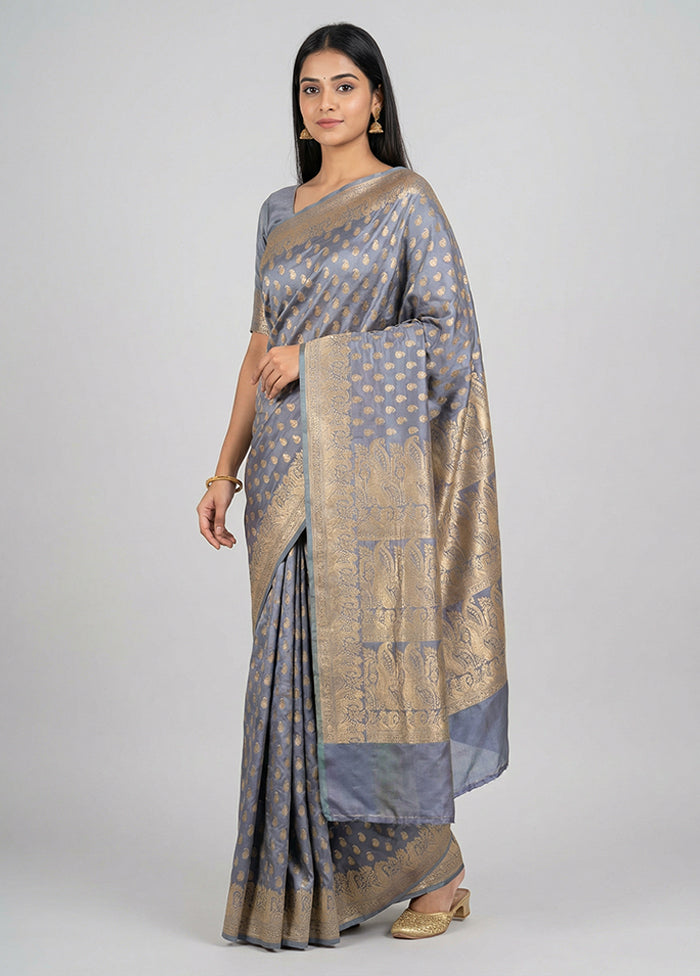 Grey Handloom Banarasi Pure Silk Saree With Blouse Piece
