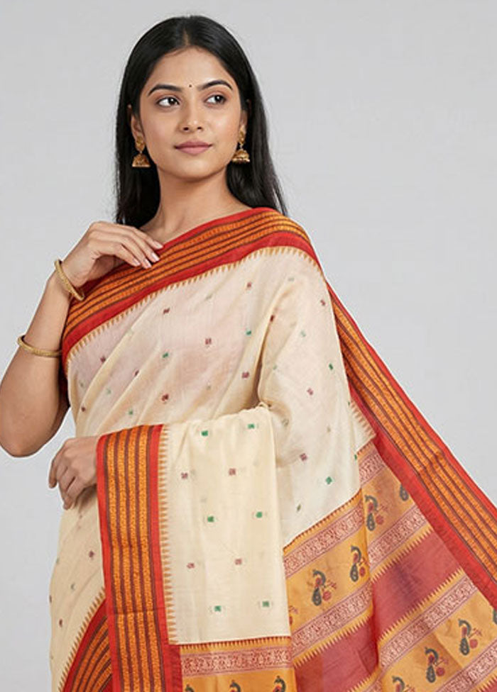 Cream Kanjivaram Silk Saree With Blouse Piece