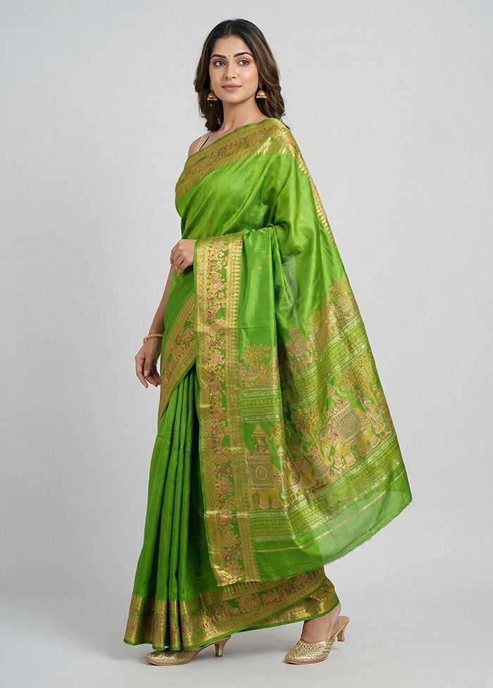 Green Printed Pure Silk Saree Without Blouse Piece