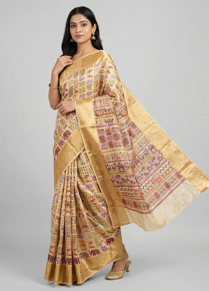 Cream Printed Pure Silk Saree Without Blouse Piece