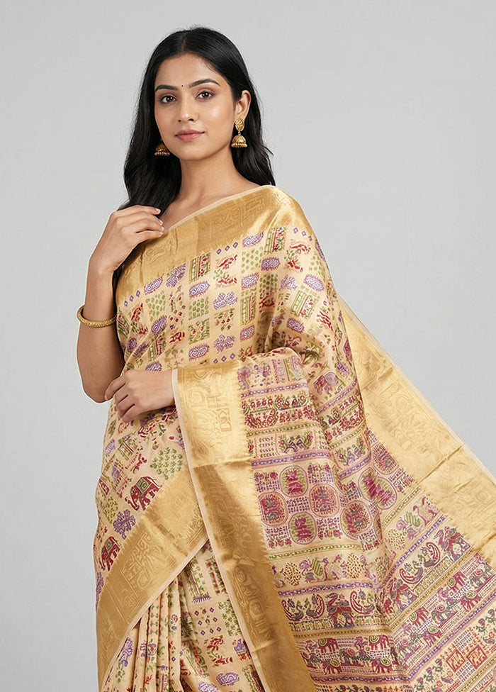 Cream Printed Pure Silk Saree Without Blouse Piece