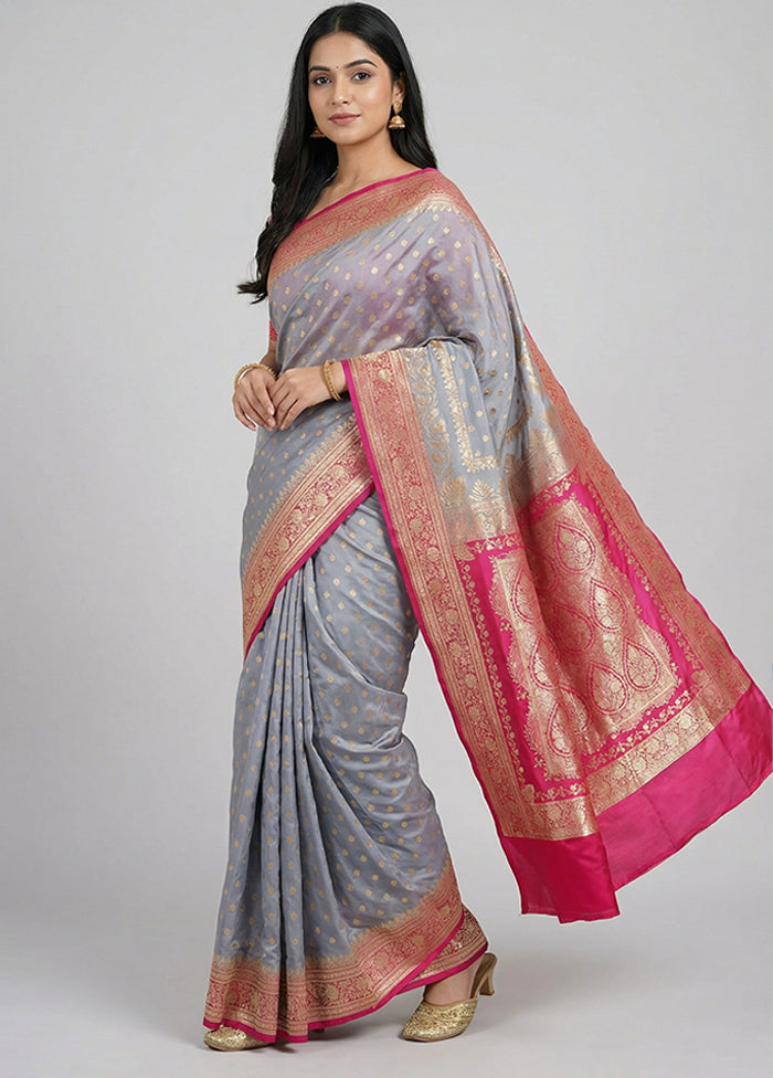 Grey Banarasi Silk Saree With Blouse Piece