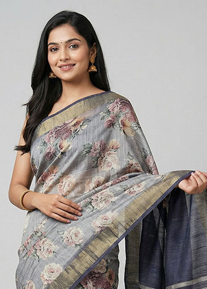Grey Tussar Silk Saree With Blouse Piece