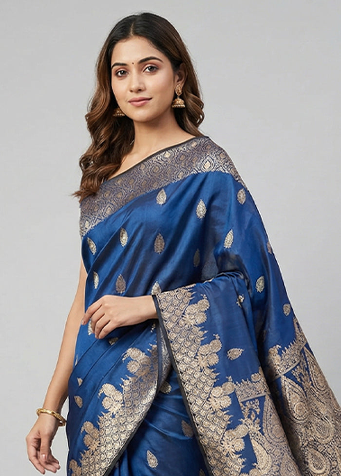Blue Banarasi Silk Saree With Blouse Piece