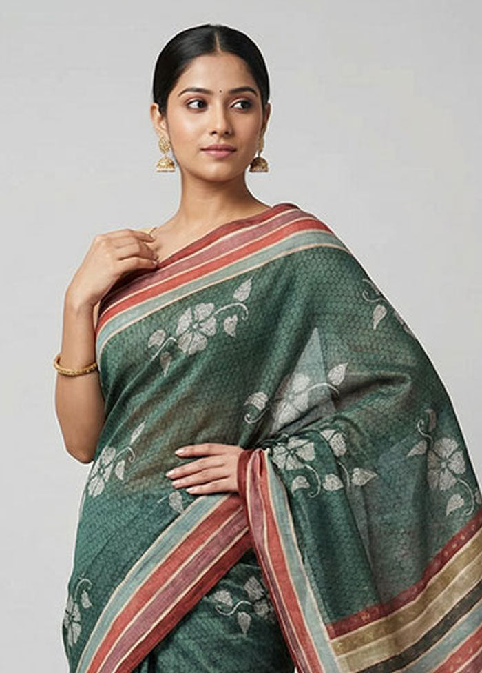 Green Dupion Silk Saree With Blouse Piece