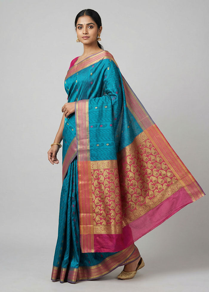 Blue Kanjivaram Silk Saree With Blouse Piece