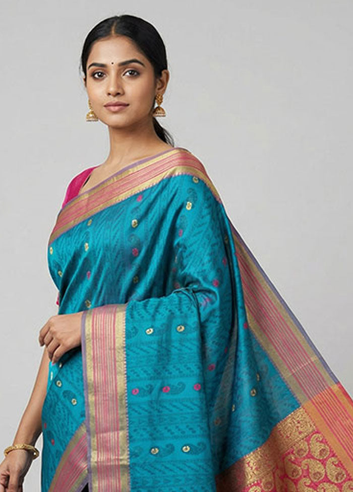 Blue Kanjivaram Silk Saree With Blouse Piece