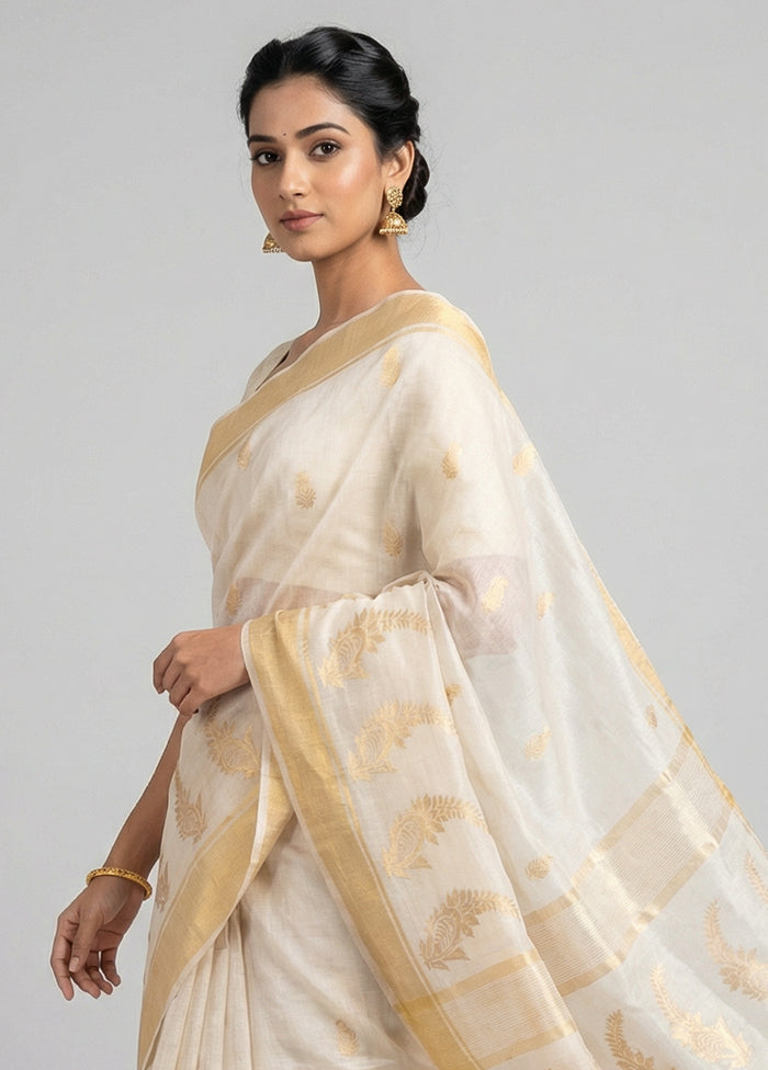 White Handloom Chanderi Pure Silk Saree With Blouse Piece
