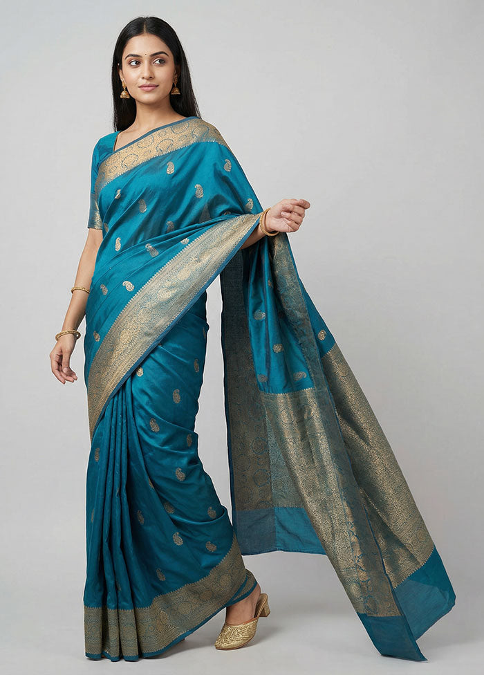 Blue Kanjivaram Silk Saree With Blouse Piece