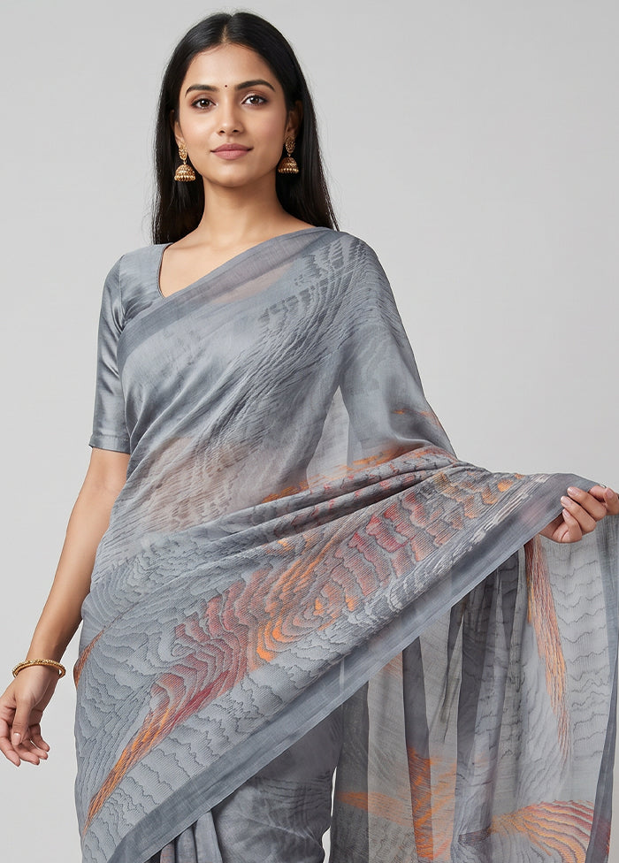 Grey Chiffon Silk Saree With Blouse Piece