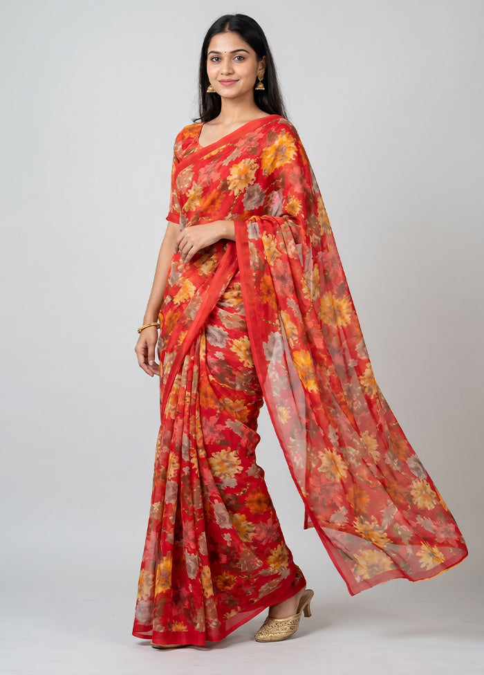 Red Chiffon Silk Saree With Blouse Piece