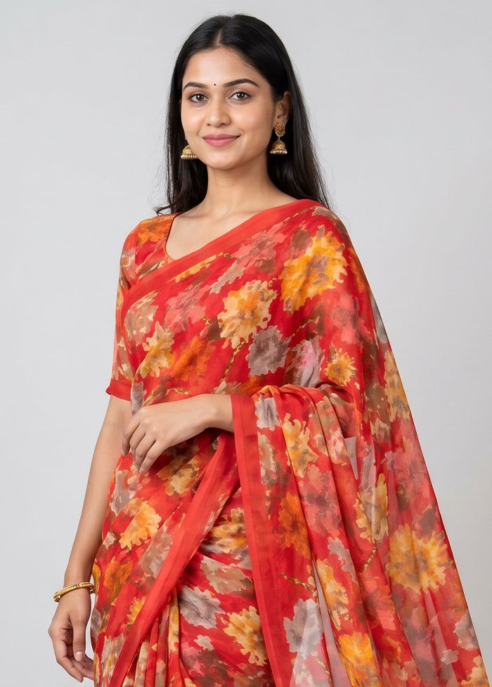 Red Chiffon Silk Saree With Blouse Piece