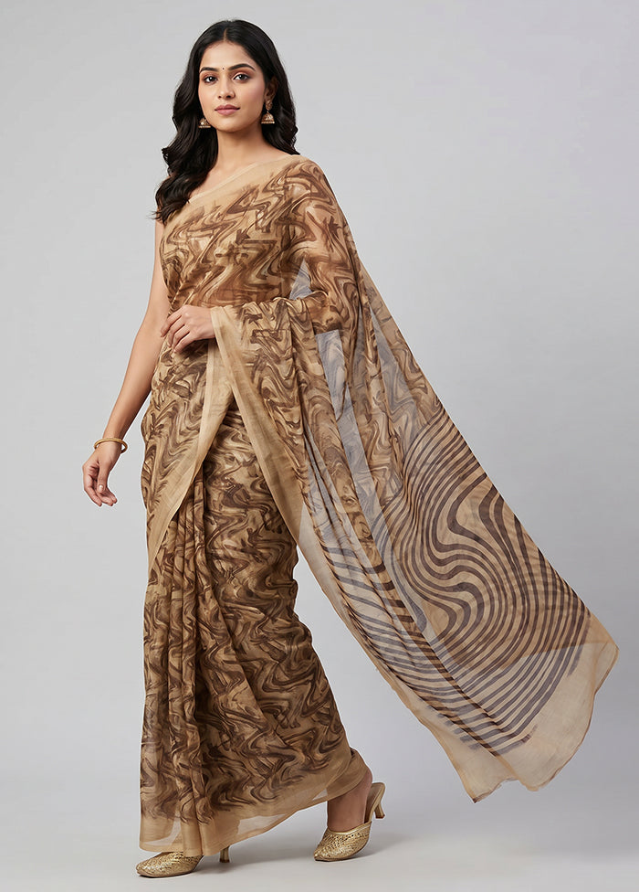 Cream Chiffon Silk Saree With Blouse Piece