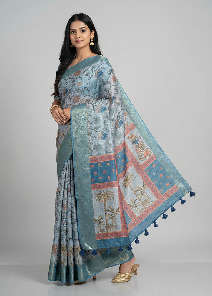 Grey Tussar Silk Saree With Blouse Piece