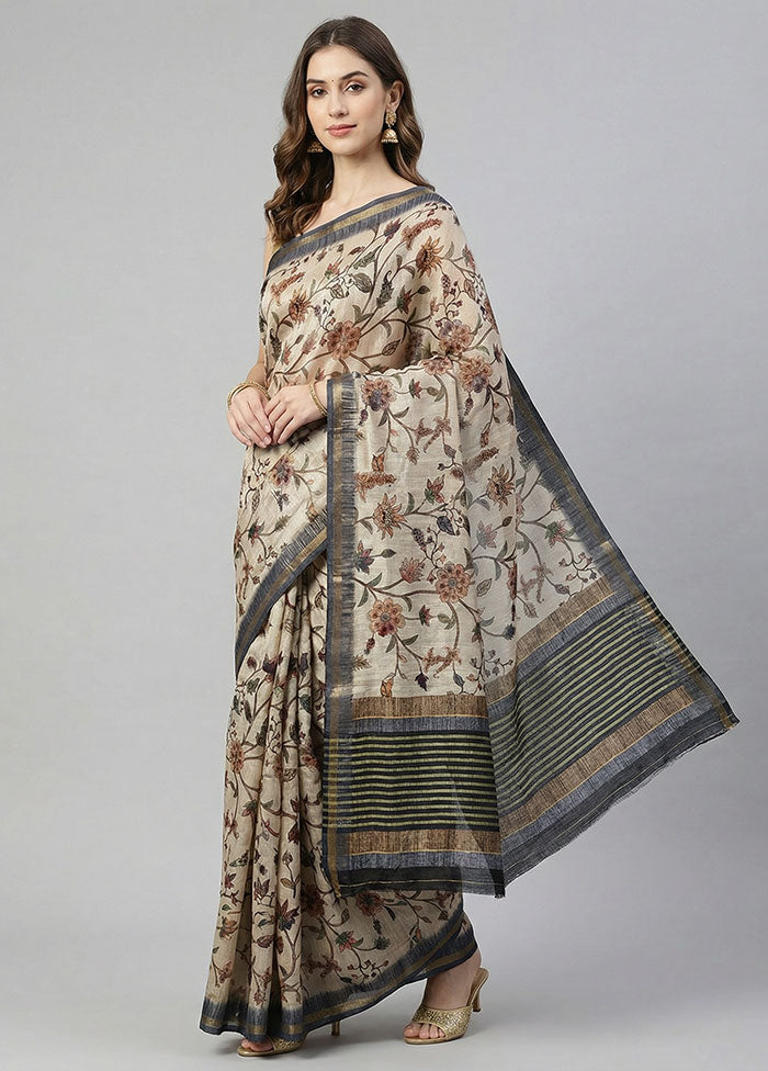 Cream Tussar Silk Saree With Blouse Piece