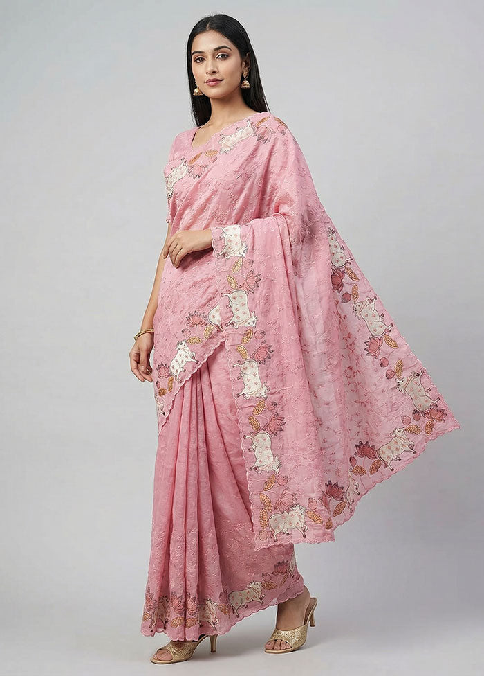 Pink Tissue Silk Saree With Blouse Piece