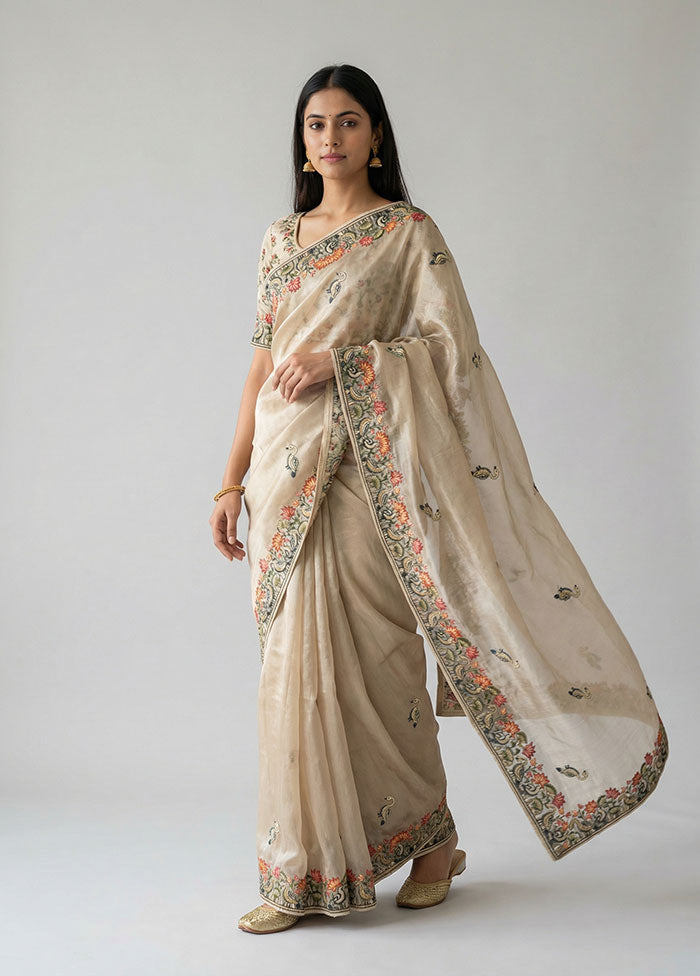 Cream Organza Saree With Blouse Piece