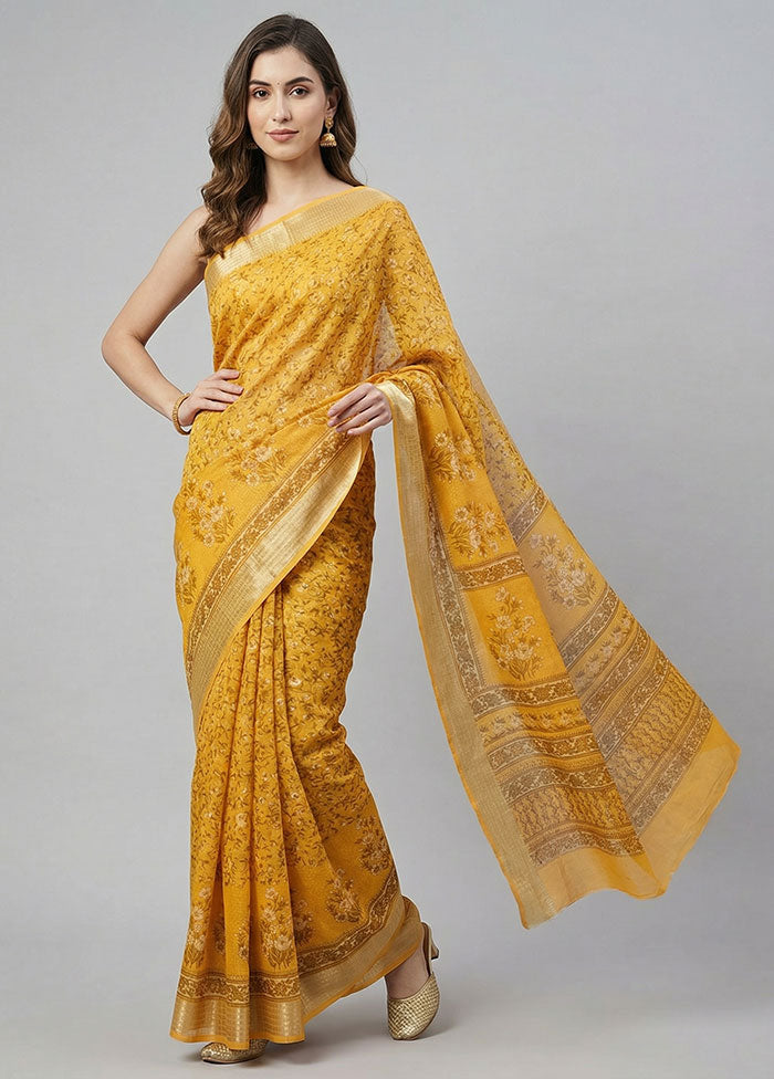 Yellow Cotton Saree With Blouse Piece