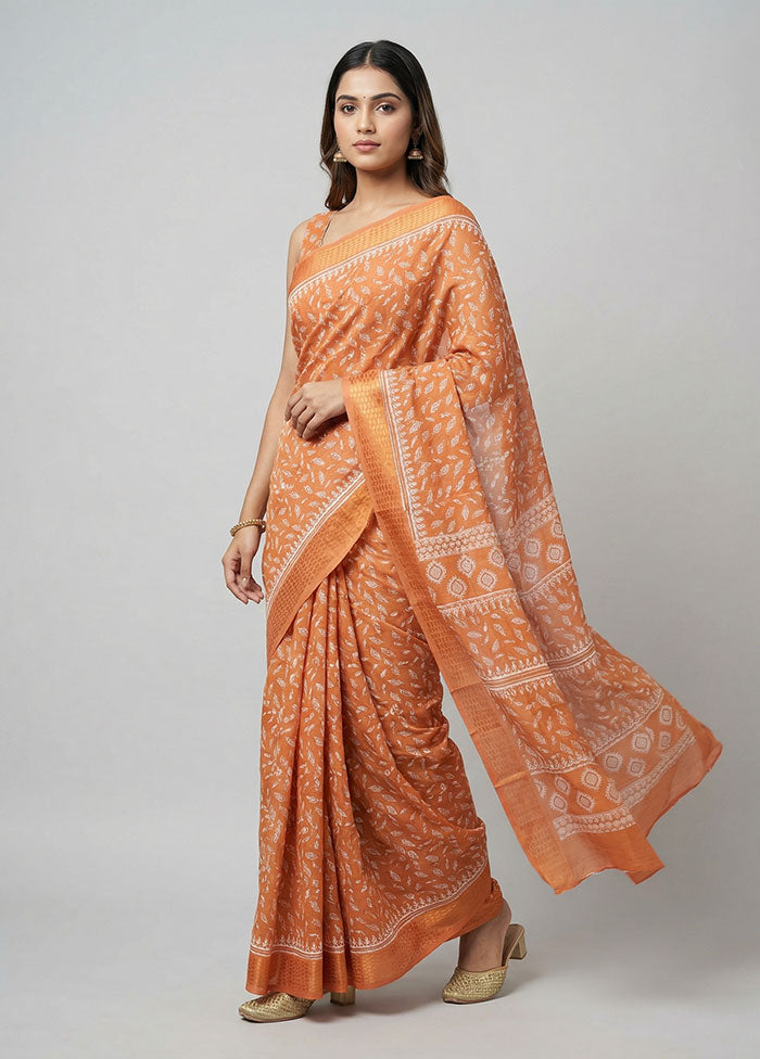 Peach Cotton Saree With Blouse Piece