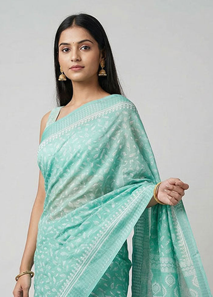 Green Cotton Saree With Blouse Piece