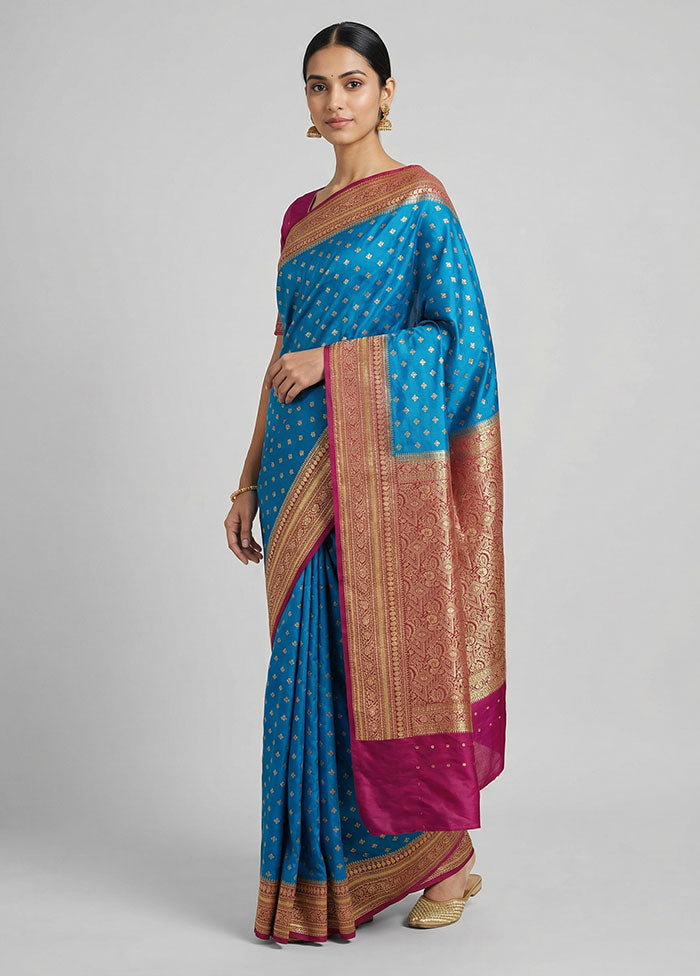 Blue Dupion Silk Saree With Blouse Piece