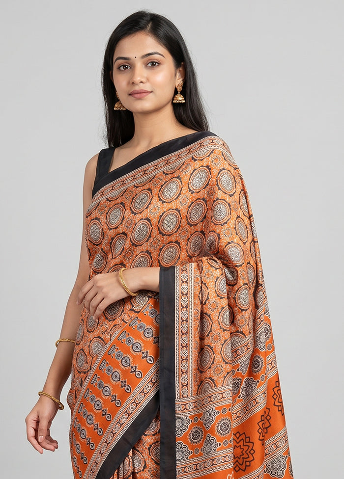 Black Printed Silk Saree Without Blouse Piece