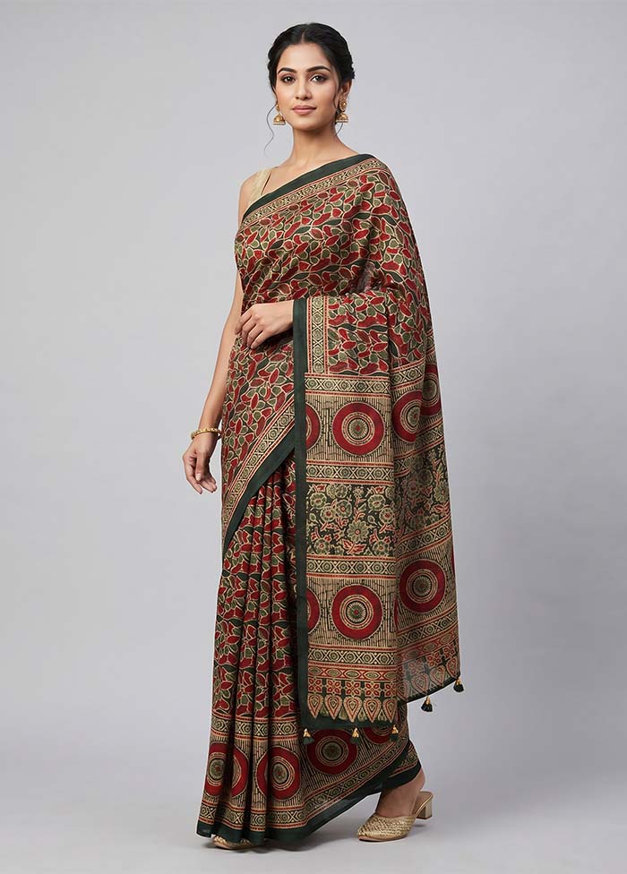 Green Printed Silk Saree Without Blouse Piece