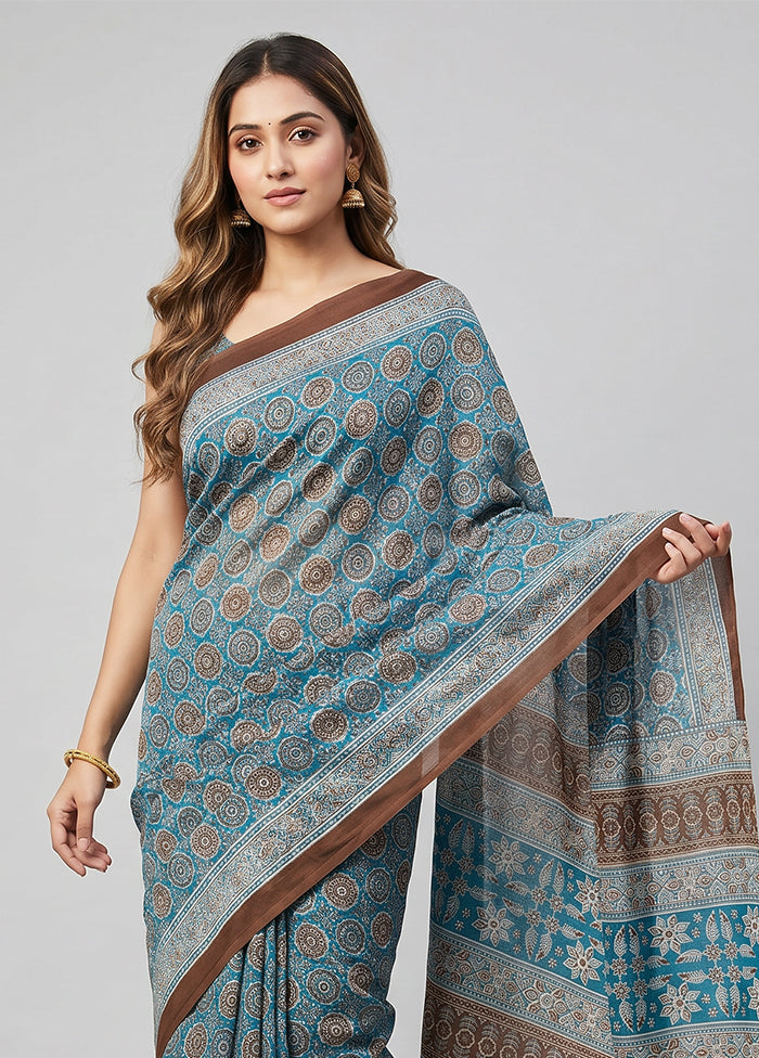 Blue Printed Silk Saree Without Blouse Piece