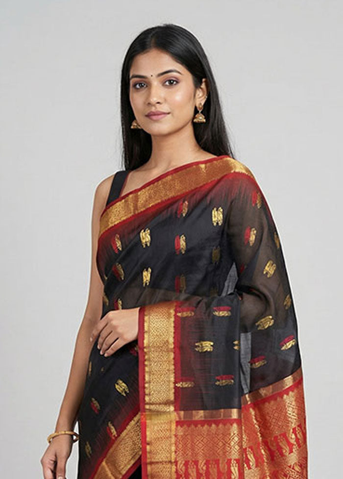 Black Handloom Kanjivaram Pure Silk Saree With Blouse Piece