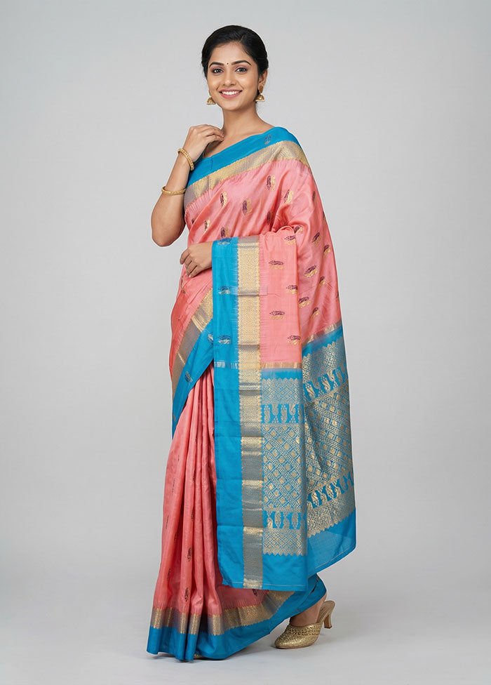 Pink Handloom Kanjivaram Pure Silk Saree With Blouse Piece