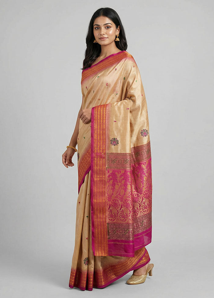 Cream Handloom Bomkai Pure Silk Saree With Blouse Piece