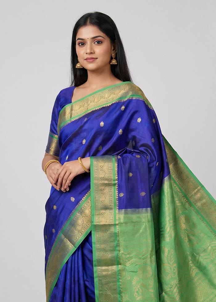 Blue Handloom Kanjivaram Silk Saree With Blouse Piece