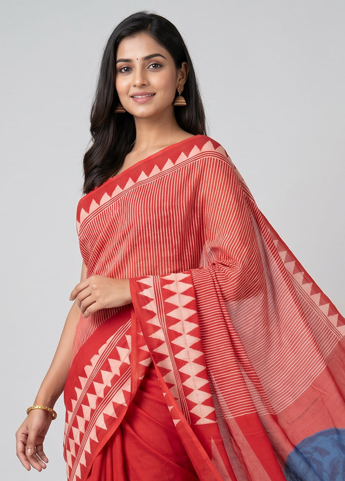 Red Printed Silk Saree Without Blouse Piece