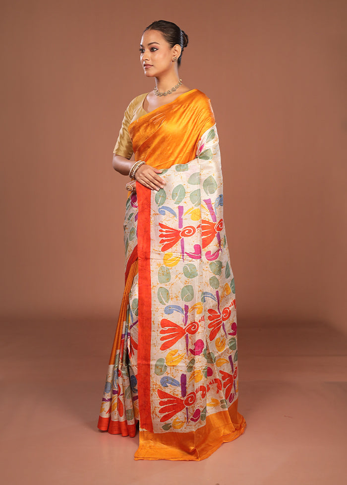 Cream Printed Silk Saree Without Blouse Piece