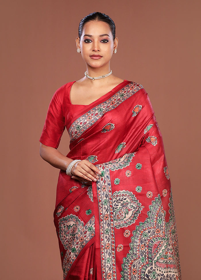 Red Printed Silk Saree Without Blouse Piece