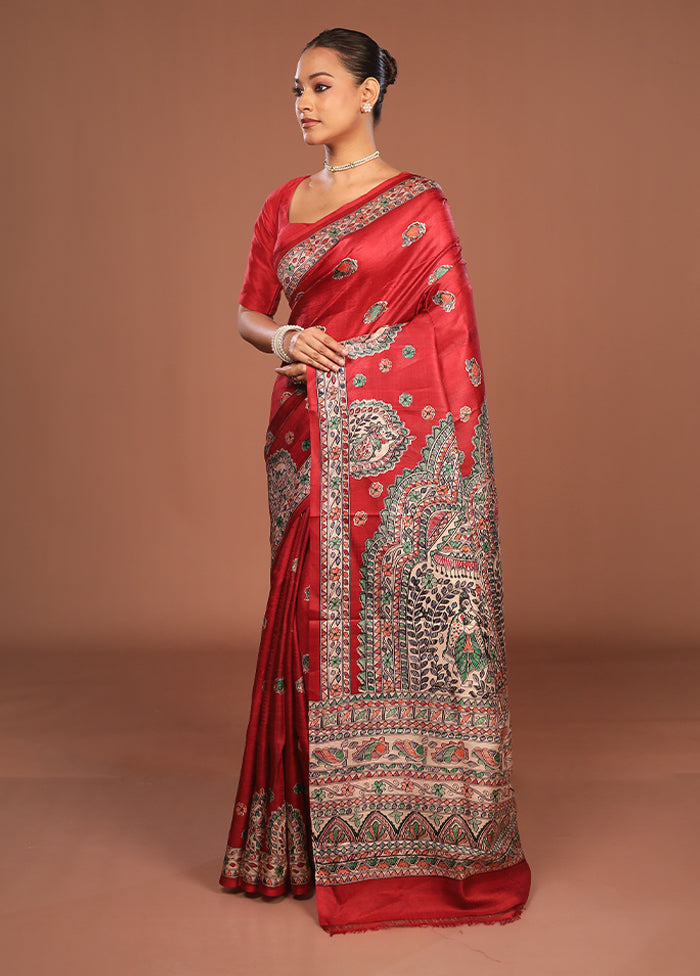 Red Printed Silk Saree Without Blouse Piece