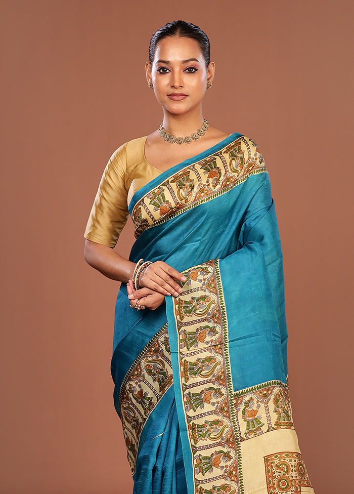 Blue Printed Silk Saree Without Blouse Piece