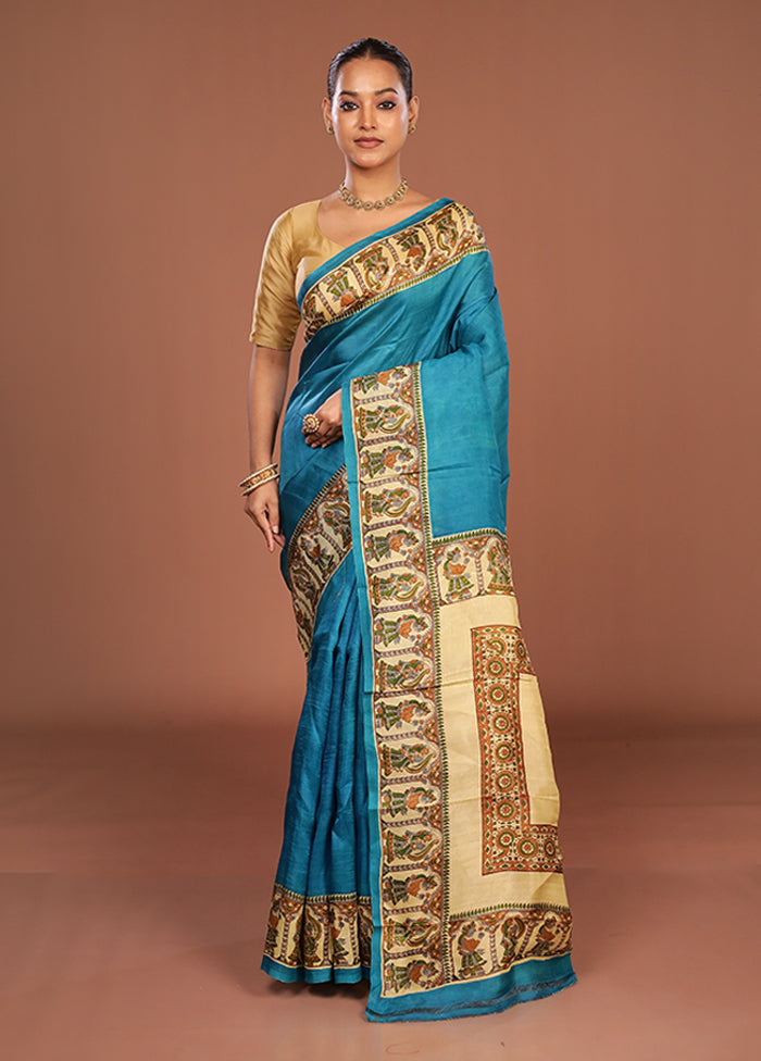 Blue Printed Silk Saree Without Blouse Piece