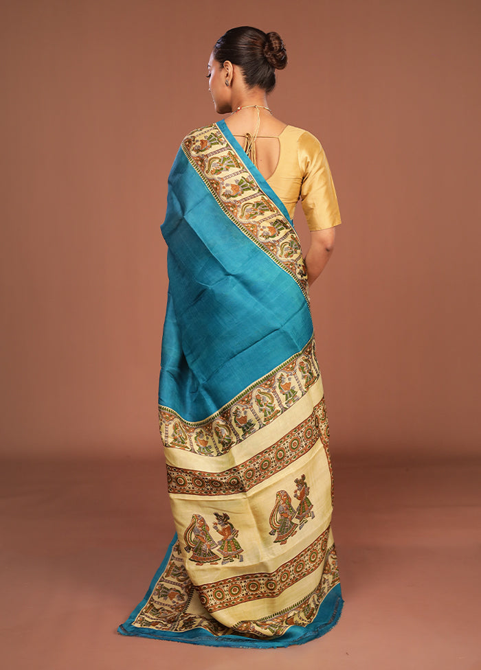 Blue Printed Silk Saree Without Blouse Piece