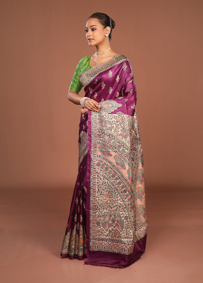 Purple Printed Silk Saree Without Blouse Piece