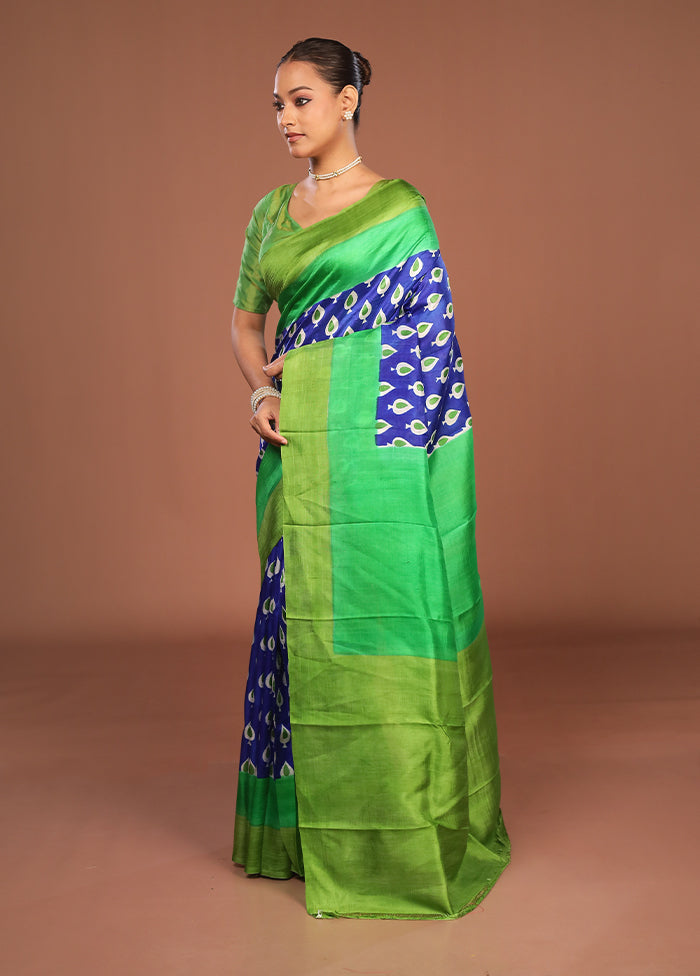 Blue Printed Silk Saree Without Blouse Piece