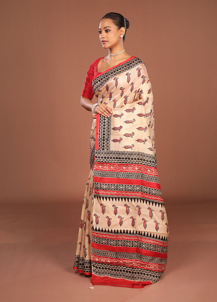 Cream Printed Silk Saree Without Blouse Piece
