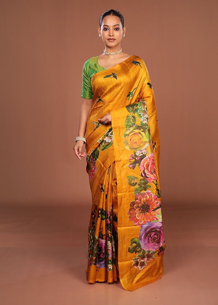 Green Printed Silk Saree Without Blouse Piece