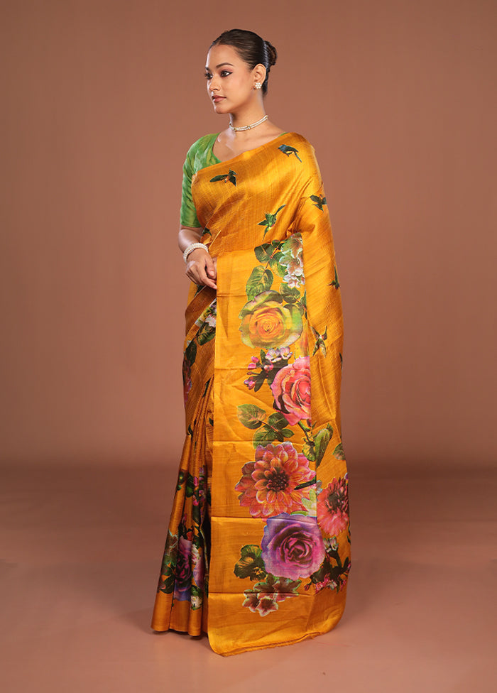 Green Printed Silk Saree Without Blouse Piece