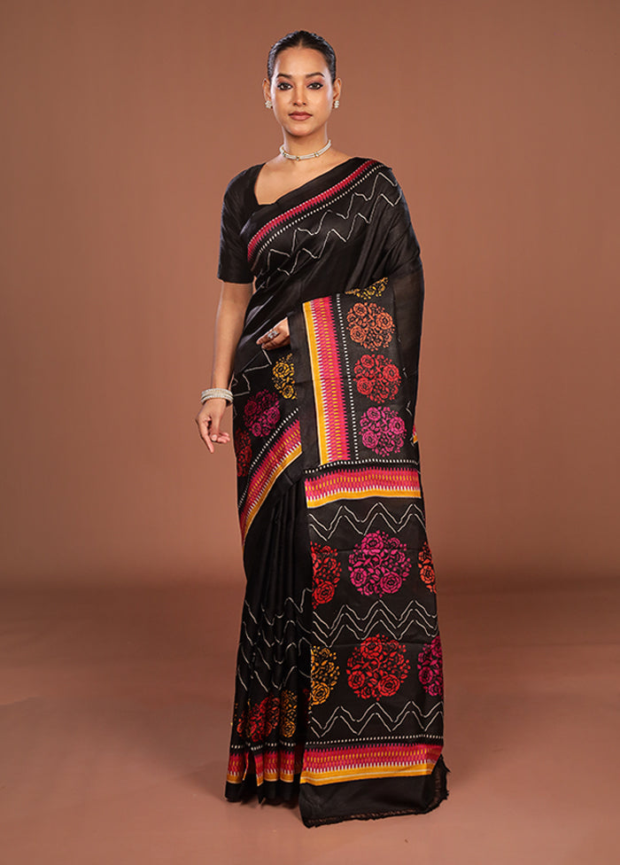 Black Printed Silk Saree Without Blouse Piece