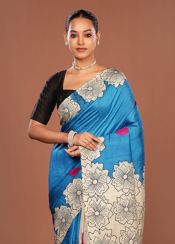 Blue Printed Silk Saree Without Blouse Piece