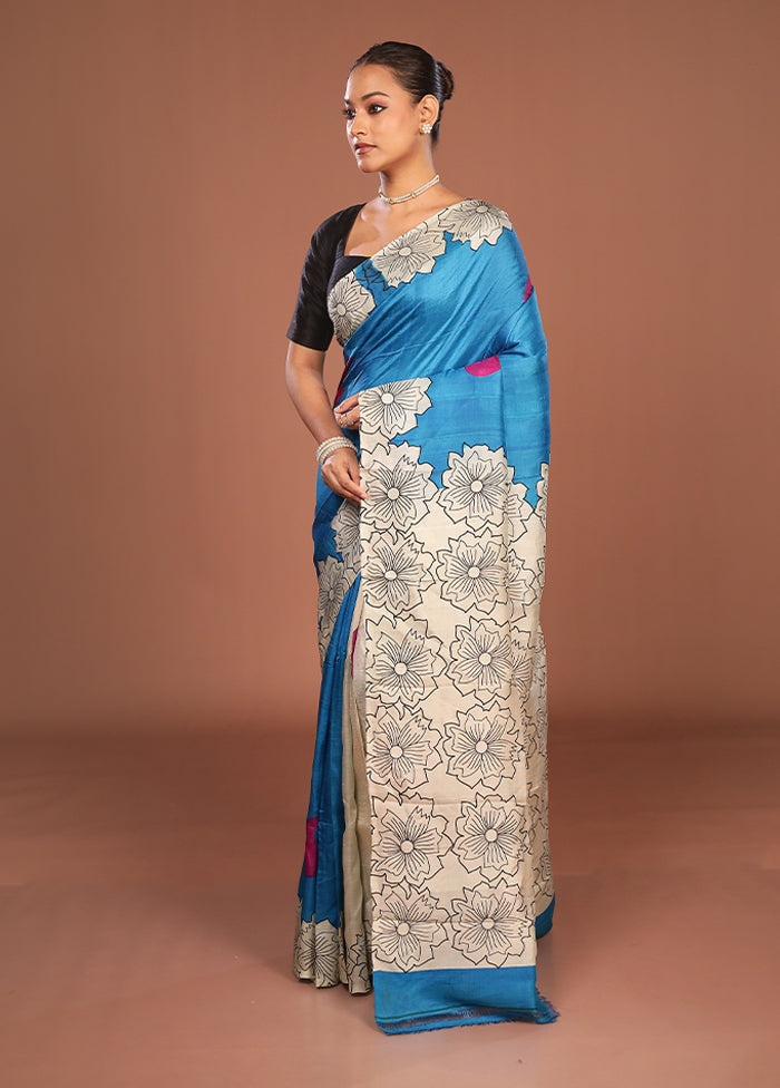 Blue Printed Silk Saree Without Blouse Piece